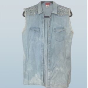 Sleeveless Denim Top with Studded Shoulders